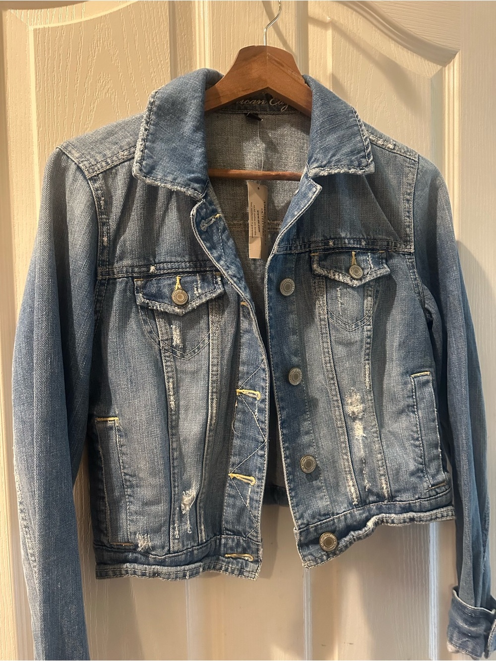 American Eagle Outfitters Distressed Medium Blue Denim Jacket